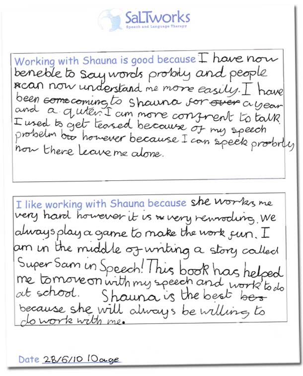 Handwritten letter from a 10-year-old client, June 2010