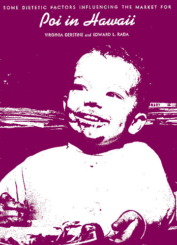Cover of Poi in Hawaii, Agricultural Economics Bulletin 3 (1952): a magenta duotone photograph of a smiling baby with poi around its mouth