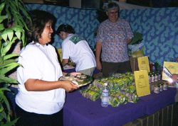 Handling out samples of our poi products. La seemed to know everyone who came by the booth. La at the Kauai Farm Fair
