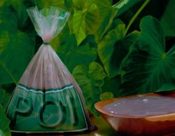 With a dish of poi on the side, and taro leaves in the background. A Bag Of Poi