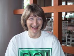 In her Poi Company uniform, getting ready to man our booth at the show. Cathy at Breakfast at the Hilton Waikoloa Village