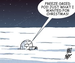 The release of our freeze-dried (not dehydrated) poi coincided with Christmas 2001. A perfect theme for Noel Ford to create his monthly cartoon, used on The Poi Company invoices. December 2001 Poi Company Cartoon
