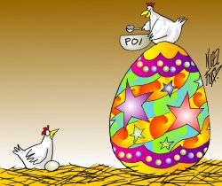 Easter eggs were the theme for Noel Ford's monthly Poi Company cartoon, used on our invoices. This is the cartoon for April 2001. April 2001 Poi Company Cartoon