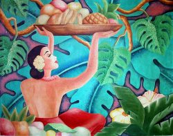 We purchased the original of this painting on eBay and used it on our luxury poi packaging. It reminds me of the old Matson menu covers. Art Deco Poi Painting