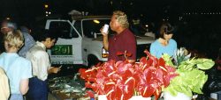 PoiCo had a flower-covered float in the Kamehameha Day Parade, 13 June 1998, designed by Owen Ho. Marjorie and Lorna Lowe are at work with the flowers, while Aimoku takes a beer break. Preparing The Poi Company Float for the Parade