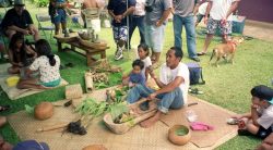 Location not recorded. The gentleman, sitting on the lauhala mat, is pounding the taro corms with a stone poi pounder. The taro plants, with corms still showing the dirt from the taro patch are in front of him.